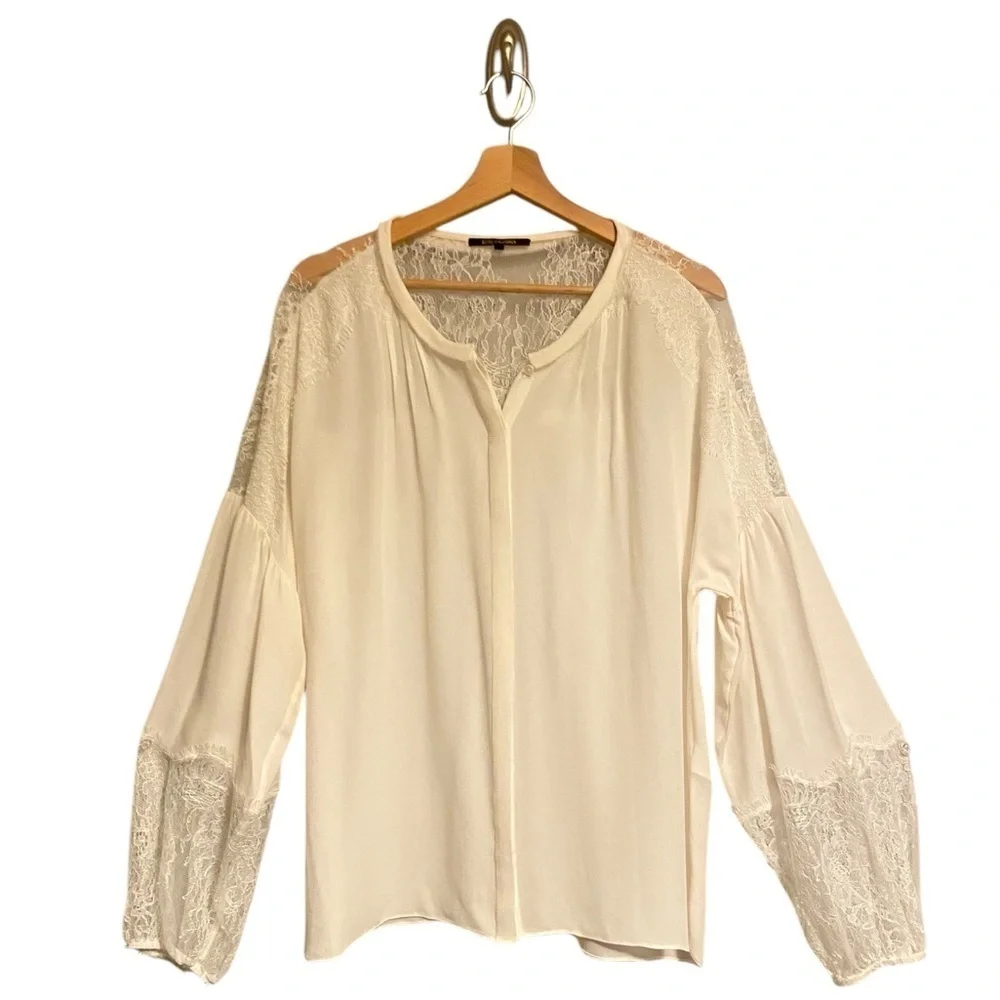 Kobi Halperin Valentina Balloon Sleeve Ivory Silk Blouse with Lace - Picture 9 of 14